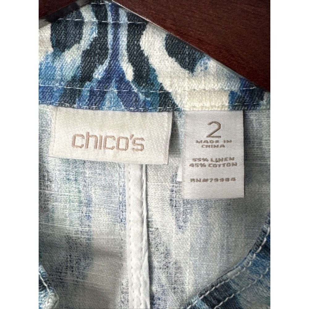 Chico's L Blue Ikat Print Zip Front Linen Cotton Blend Jacket Women's Size 2 - Picture 3 of 7